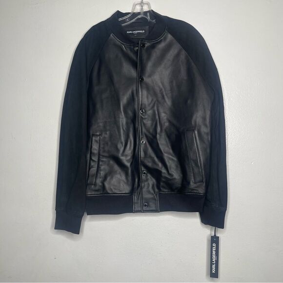 KARL LAGERFELD PARIS Size Small Neil Snap Front Black Leather Bomber Jacket - Picture 3 of 8